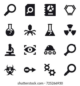 16 vector icon set : magnifier, search document, annual report, hex molecule, round flask, virus, flask, nuclear, microscope, eye identity, lunar rover