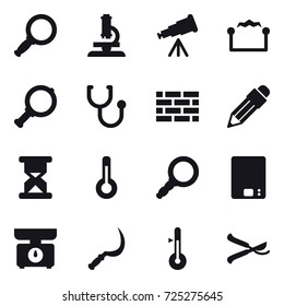 16 vector icon set : magnifier, microscope, telescope, electrostatic, brick wall, pencil, thermometer, kitchen scales, sickle, pruner