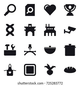 16 vector icon set : magnifier, search document, heart, trophy, arch, factory, surveillance, repair tools, cauldron, pan, apron, cutting board, beet, bread