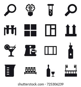 16 vector icon set : magnifier, bulb brain, vial, window, cocktail, coffee maker, measuring cup, wine, skyscapers cleaning