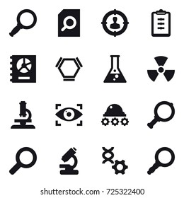 16 vector icon set : magnifier, search document, target audience, clipboard, annual report, hex molecule, flask, nuclear, microscope, eye identity, lunar rover