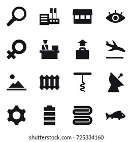 16 vector icon set : magnifier, store, market, baggage, arrival, landscape, radiator, corkscrew, satellite antenna, towel, fish