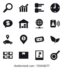 16 vector icon set : magnifier, diagram, clock, money message, warehouse, globe connect, pass card, car pointer, dollar pin, ticket, panel house, photo, pan