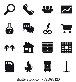 16 vector icon set : magnifier, phone, group, statistic, round flask, discussion, infinity power, cart, bridge, home, chest of drawers, fire, hive, rake