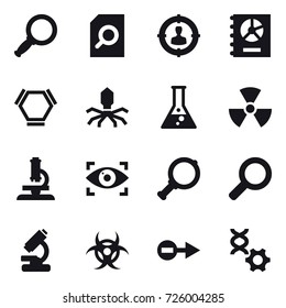 16 vector icon set : magnifier, search document, target audience, annual report, hex molecule, virus, flask, nuclear, microscope, eye identity
