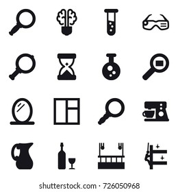 16 vector icon set : magnifier, bulb brain, vial, smart glasses, mirror, window, jug, wine, skyscapers cleaning, skyscrapers cleaning