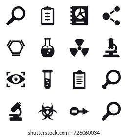 16 vector icon set : magnifier, clipboard, annual report, molecule, hex molecule, round flask, nuclear, microscope, eye identity, vial