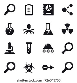 16 vector icon set : magnifier, clipboard, annual report, molecule, round flask, virus, flask, nuclear, microscope, vial, lunar rover