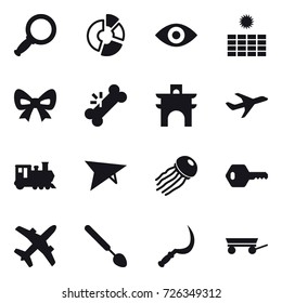16 vector icon set : magnifier, circle diagram, eye, sun power, bow, arch, train, deltaplane, jellyfish, key, big spoon, sickle, trailer