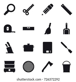 16 vector icon set : magnifier, pencil, ruler, measuring tape, level, broom, scoop, stands for knives, pan, kitchen scales, spatula, axe, bucket