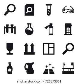 16 vector icon set : magnifier, search document, vial, smart glasses, building, window, jug, clean floor, skyscapers cleaning