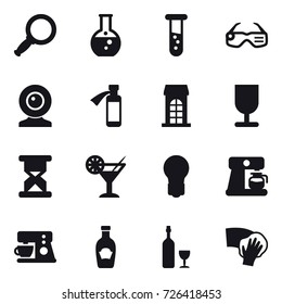 16 vector icon set : magnifier, round flask, vial, smart glasses, web cam, building, cocktail, bulb, coffee maker, wine, wiping