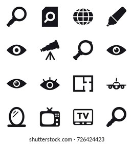 16 vector icon set : magnifier, search document, globe, marker, eye, telescope, plan, mirror, tv