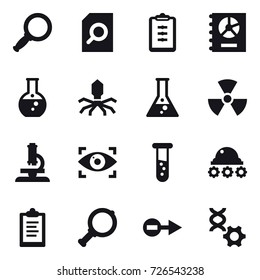 16 vector icon set : magnifier, search document, clipboard, annual report, round flask, virus, flask, nuclear, microscope, eye identity, vial, lunar rover