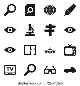 16 vector icon set : magnifier, search document, globe, marker, eye, microscope, singlepost, plan, tv, pickup
