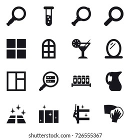 16 vector icon set : magnifier, vial, window, arch window, cocktail, mirror, jug, clean floor, clean  window, skyscrapers cleaning, wiping