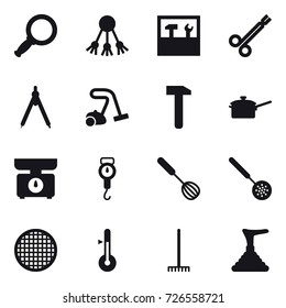16 vector icon set : magnifier, share, tools, drawing compass, vacuum cleaner, saute pan, kitchen scales, handle scales, whisk, skimmer, thermometer, rake, plunger