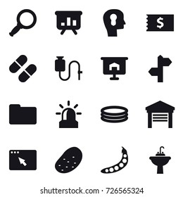 16 vector icon set : magnifier, presentation, bulb head, receipt, alarm, inflatable pool, garage, potato, peas, water tap sink