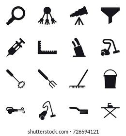 16 vector icon set : magnifier, share, telescope, funnel, ruler, stands for knives, vacuum cleaner, whisk, big fork, rake, bucket, blower, brush, iron board