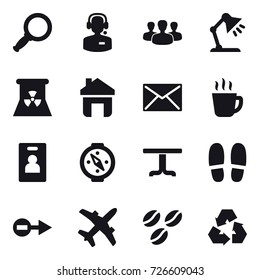 16 vector icon set : magnifier, call center, group, table lamp, nuclear power, home, mail, hot drink, identity card, compass, table, slippers, coffee seeds, recycling