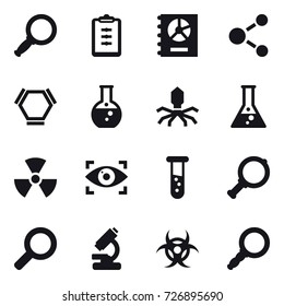 16 vector icon set : magnifier, clipboard, annual report, molecule, hex molecule, round flask, virus, flask, nuclear, eye identity, vial