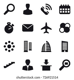 16 vector icon set : magnifier, man, call, calendar, stopwatch, mail, plane, atom core, round around, skyscrapers, skyscraper, stairs