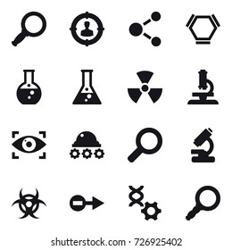 16 vector icon set : magnifier, target audience, molecule, hex molecule, round flask, flask, nuclear, microscope, eye identity, lunar rover