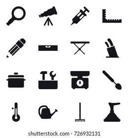 16 vector icon set : magnifier, telescope, ruler, pencil, level, iron board, stands for knives, pan, repair tools, kitchen scales, big spoon, thermometer, watering can, rake, plunger