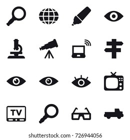 16 vector icon set : magnifier, globe, marker, eye, microscope, telescope, notebook wireless, singlepost, tv, pickup