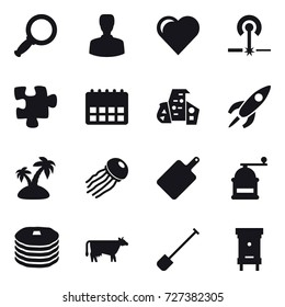 16 vector icon set : magnifier, man, heart, laser, puzzle, modern architecture, island, jellyfish, cutting board, hand mill, cow, shovel, hive