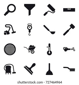 16 vector icon set : magnifier, funnel, repair, level, vacuum cleaner, handle scales, ladle, meat hammer, wheelbarrow, thermometer, blower, scraper, plunger, brush
