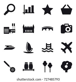16 vector icon set : magnifier, graph, star, basket, mall, gothic architecture, bridge, camera, yacht, windsurfing, pool, skimmer, trees, garden