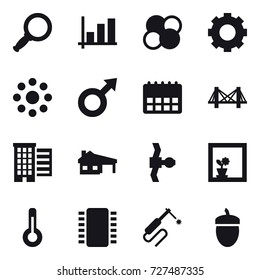 16 vector icon set : magnifier, graph, atom core, gear, round around, bridge, houses, house with garage, flower in window, thermometer, acorn
