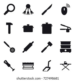 16 vector icon set : magnifier, share, pan, garlic clasp, skimmer, rolling pin, meat hammer, sponge, scoop, iron board