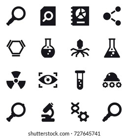 16 vector icon set : magnifier, search document, annual report, molecule, hex molecule, round flask, virus, flask, nuclear, eye identity, vial, lunar rover