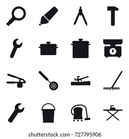 16 vector icon set : magnifier, marker, drawing compass, pan, kitchen scales, garlic clasp, skimmer, soil cutter, rake, wrench, bucket, vacuum cleaner, iron board