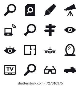 16 vector icon set : magnifier, search document, marker, telescope, notebook wireless, singlepost, plan, mirror, tv, pickup