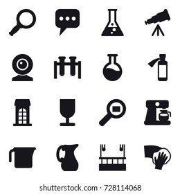 16 vector icon set : magnifier, message, flask, telescope, web cam, building, coffee maker, measuring cup, jug, skyscapers cleaning, wiping