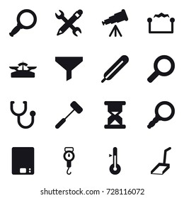 16 vector icon set : magnifier, pencil wrench, telescope, electrostatic, scales, funnel, kitchen scales, handle scales, thermometer, scoop