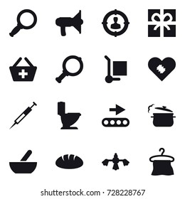 16 vector icon set : magnifier, loudspeaker, target audience, gift, add to basket, cargo stoller, toilet, steam pan, mortar, bread, hard reach place cleaning, hanger