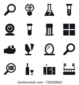 16 vector icon set : magnifier, bulb brain, flask, vial, web cam, building, window, mirror, wine, clean  window, skyscapers cleaning