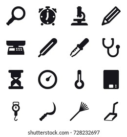 16 vector icon set : magnifier, alarm clock, microscope, pencil, market scales, barometer, thermometer, kitchen scales, handle scales, sickle, rake, scoop