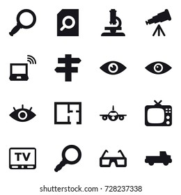 16 vector icon set : magnifier, search document, microscope, telescope, notebook wireless, singlepost, plan, tv, pickup