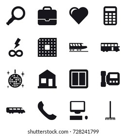 16 vector icon set : magnifier, portfolio, heart, calculator, infinity power, cpu, train, bus, disco ball, home, power switch, intercome, rake