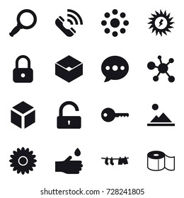 16 vector icon set : magnifier, call, round around, sun power, lock, box, ballon, 3d, unlock, key, landscape, flower, hand drop, drying clothe, toilet paper