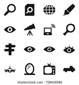 16 vector icon set : magnifier, search document, globe, marker, eye, telescope, notebook wireless, singlepost, mirror, tv, pickup