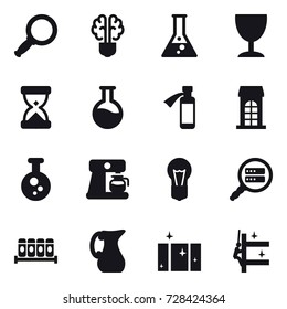 16 vector icon set : magnifier, bulb brain, flask, wineglass, building, coffee maker, jug, clean  window, skyscrapers cleaning