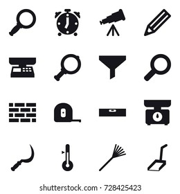 16 vector icon set : magnifier, alarm clock, telescope, pencil, market scales, funnel, brick wall, measuring tape, level, kitchen scales, sickle, thermometer, rake, scoop