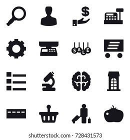 16 vector icon set : magnifier, man, investment, cashbox, gear, market scales, sale, delivery, list, building, bunker, passenger, tomato