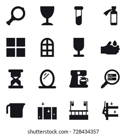 16 vector icon set : magnifier, wineglass, window, arch window, mirror, coffee maker, measuring cup, clean  window, skyscapers cleaning, skyscrapers cleaning